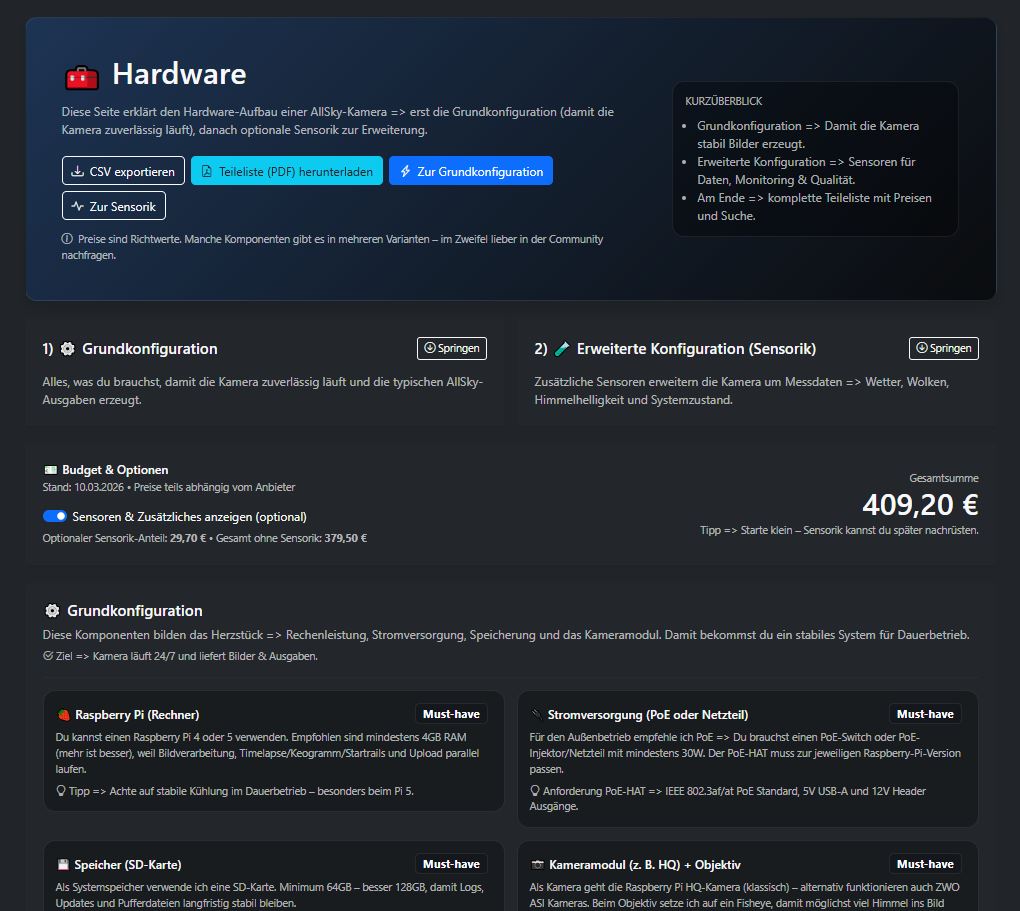 Screenshot der Hardware-Seite mit Komponenten für eine AllSkyKamera