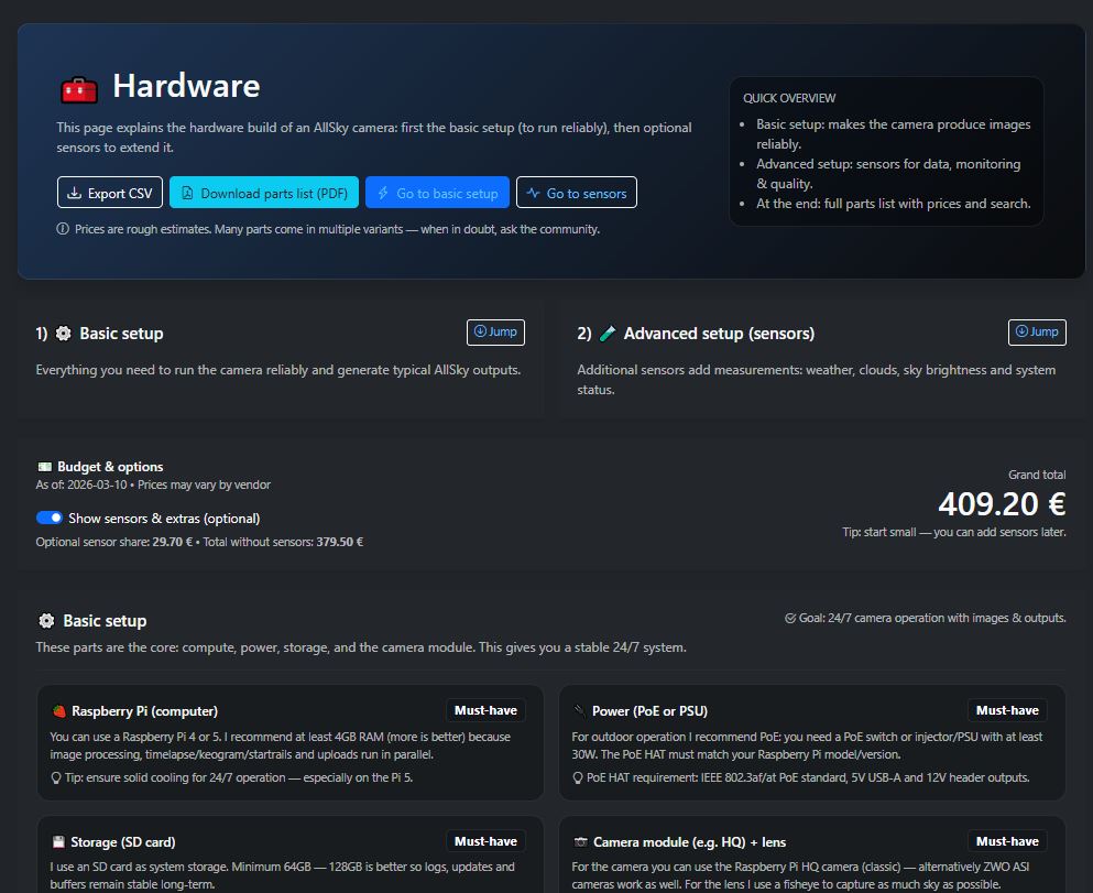 Screenshot of the hardware page with components for an AllSkyCamera