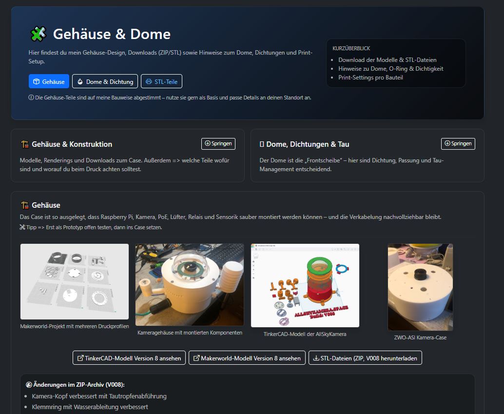 Screenshot der Gehäuse-Seite mit Außenaufbau und Schutzkonzept einer AllSkyKamera