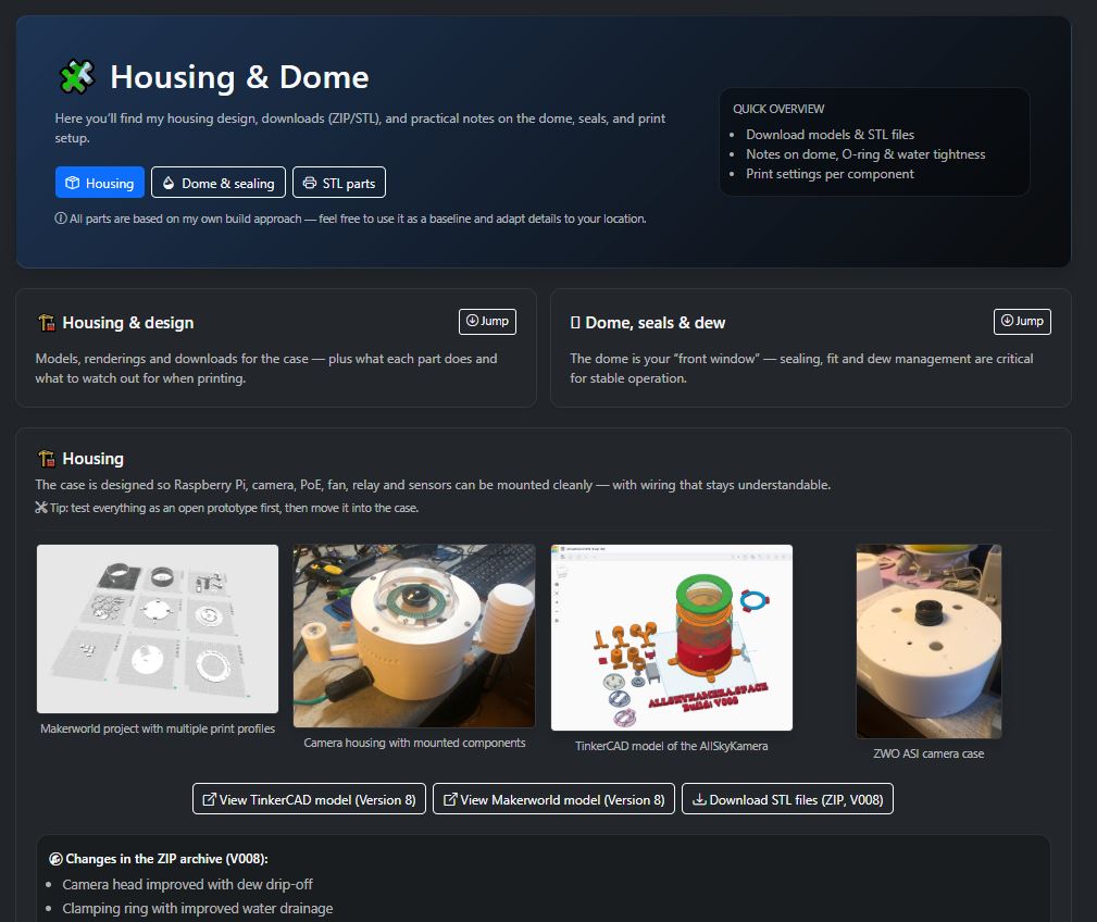 Screenshot of the housing page with exterior setup and protection concept of an AllSkyCamera