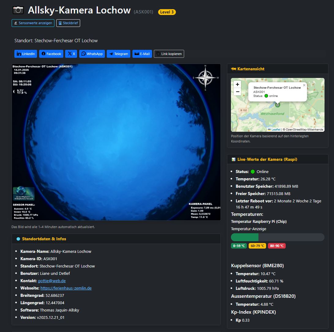 Screenshot einer Kamera-Detailseite mit Livebild, Kartenansicht und Livewerten