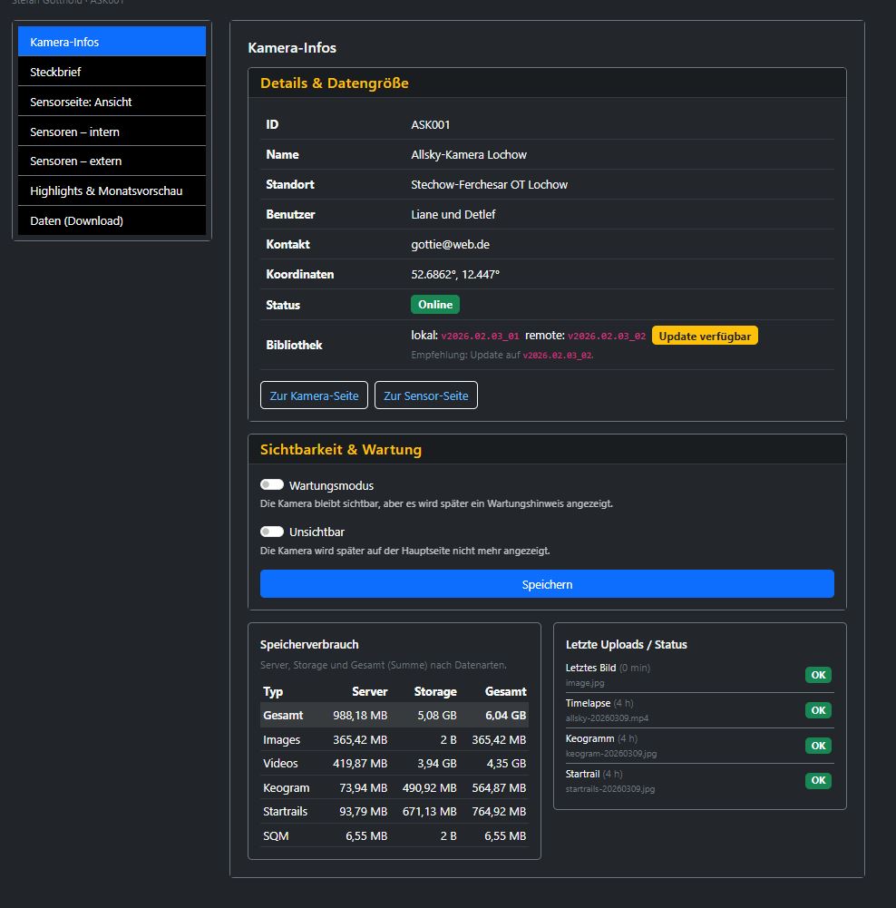 Screenshot des Bereichs Kamera-Infos in den Kameraeinstellungen