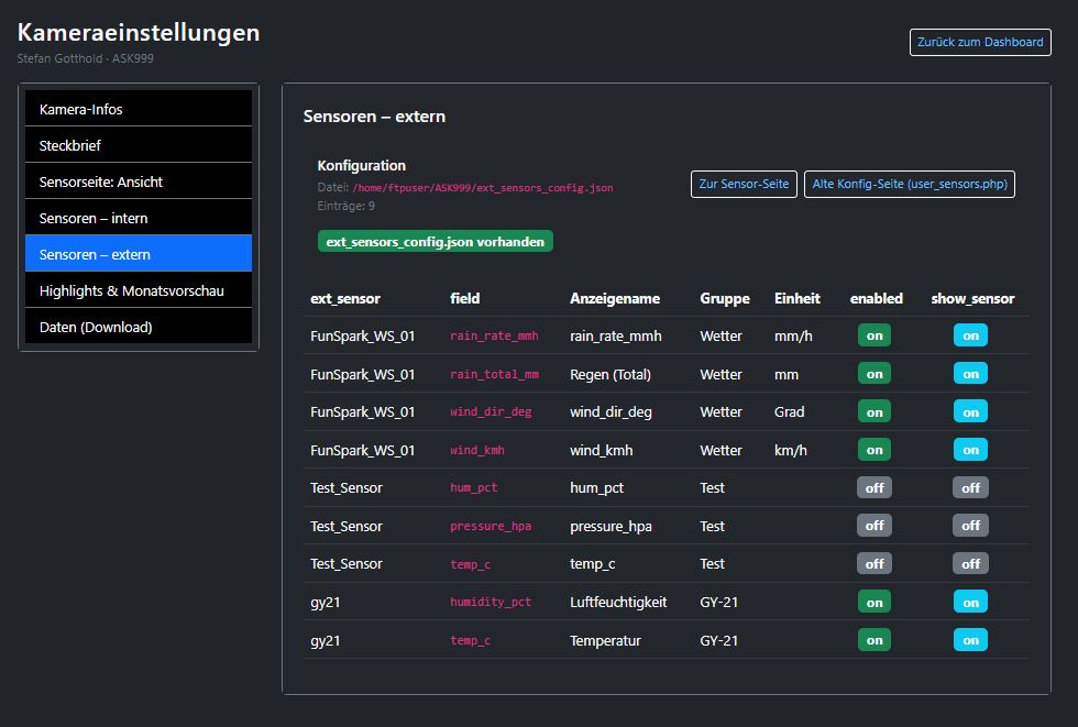 Screenshot des Bereichs externe Sensoren in den Kameraeinstellungen