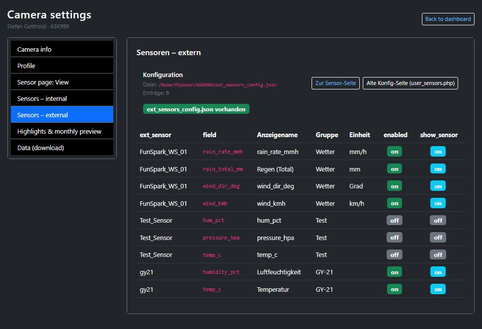 Screenshot of the external sensors section in the camera settings