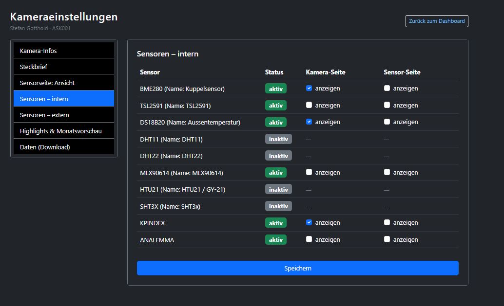 Screenshot des Bereichs interne Sensoren in den Kameraeinstellungen