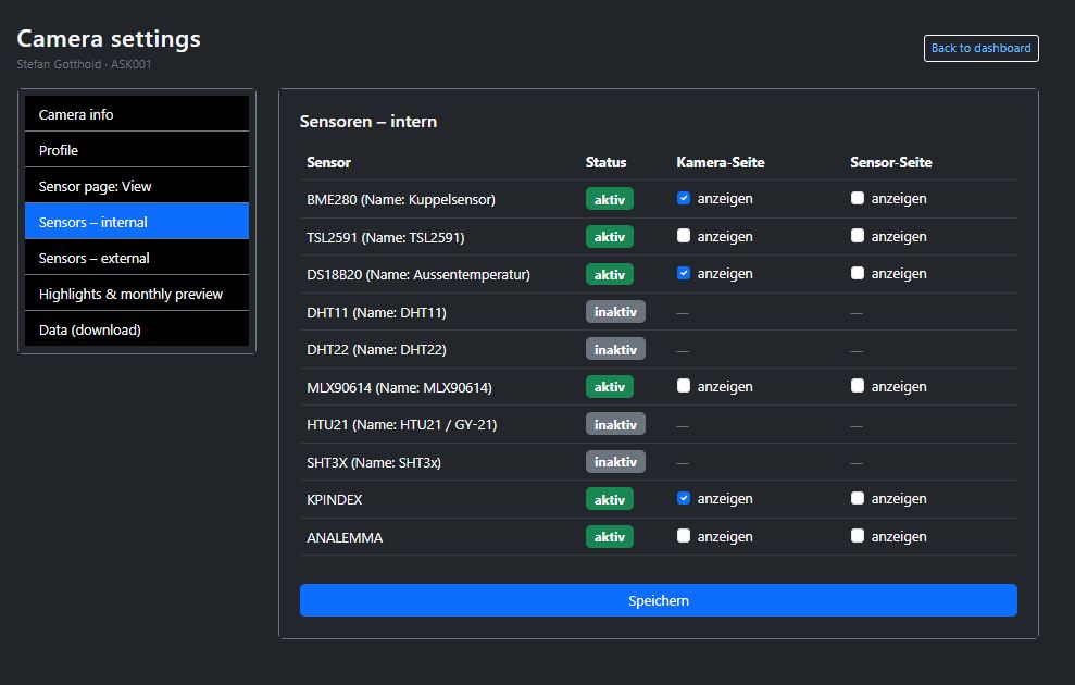 Screenshot of the internal sensors section in the camera settings