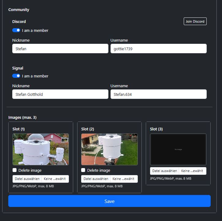 Screenshot of the profile section in the camera settings
