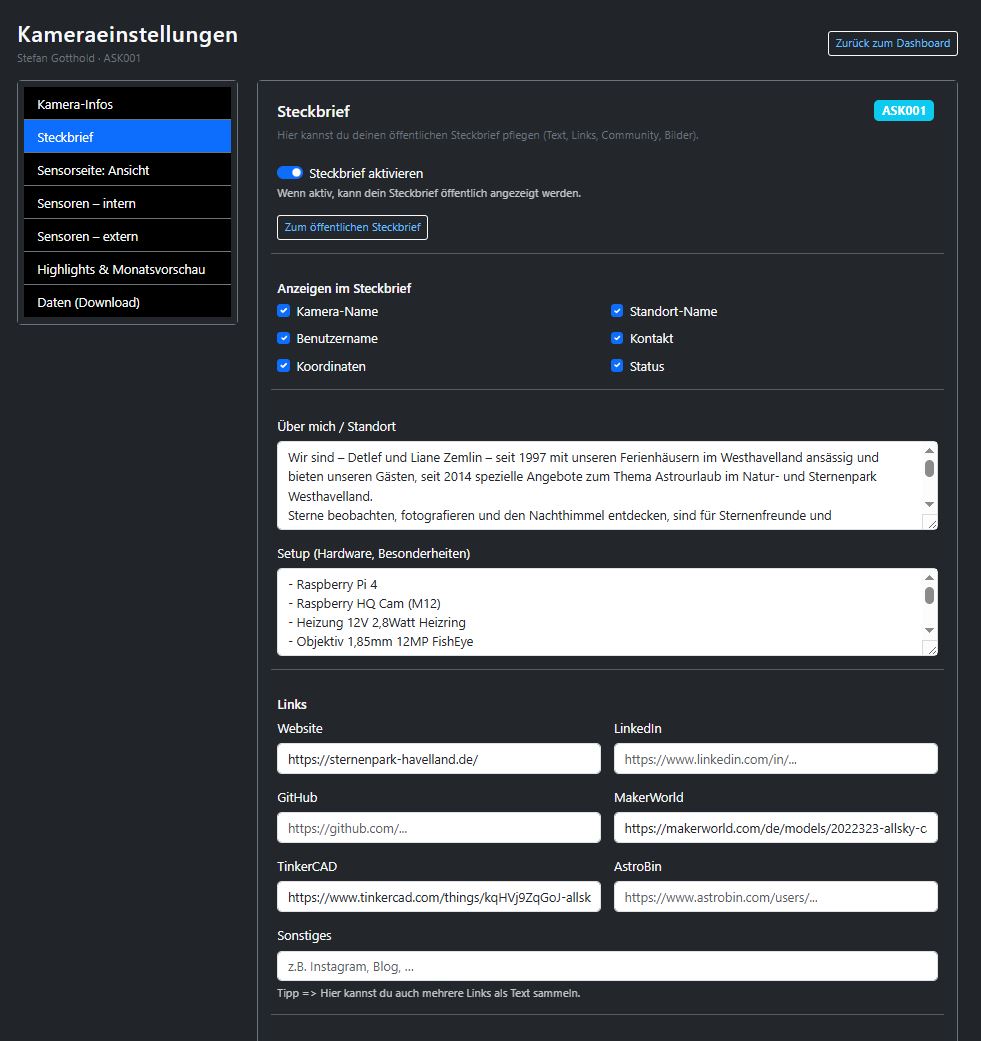Screenshot des Steckbrief-Bereichs in den Kameraeinstellungen