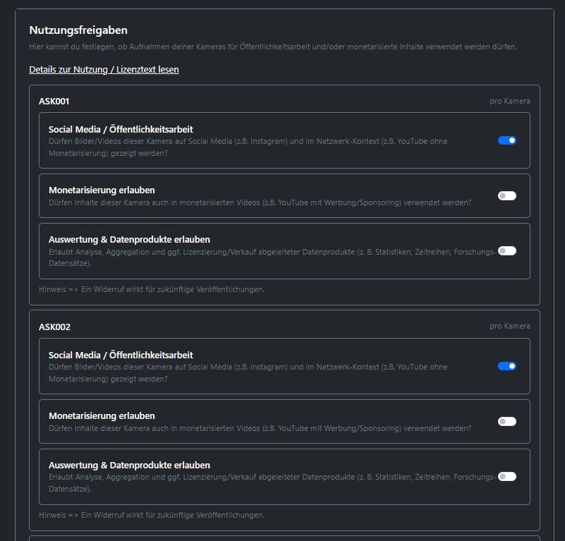 Screenshot der Account-Settings mit Freigaben für Social Media, Monetarisierung und Datenprodukte
