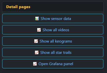 Screenshot of the “Detail pages” box linking to sensors, videos, keograms, startrails and Grafana