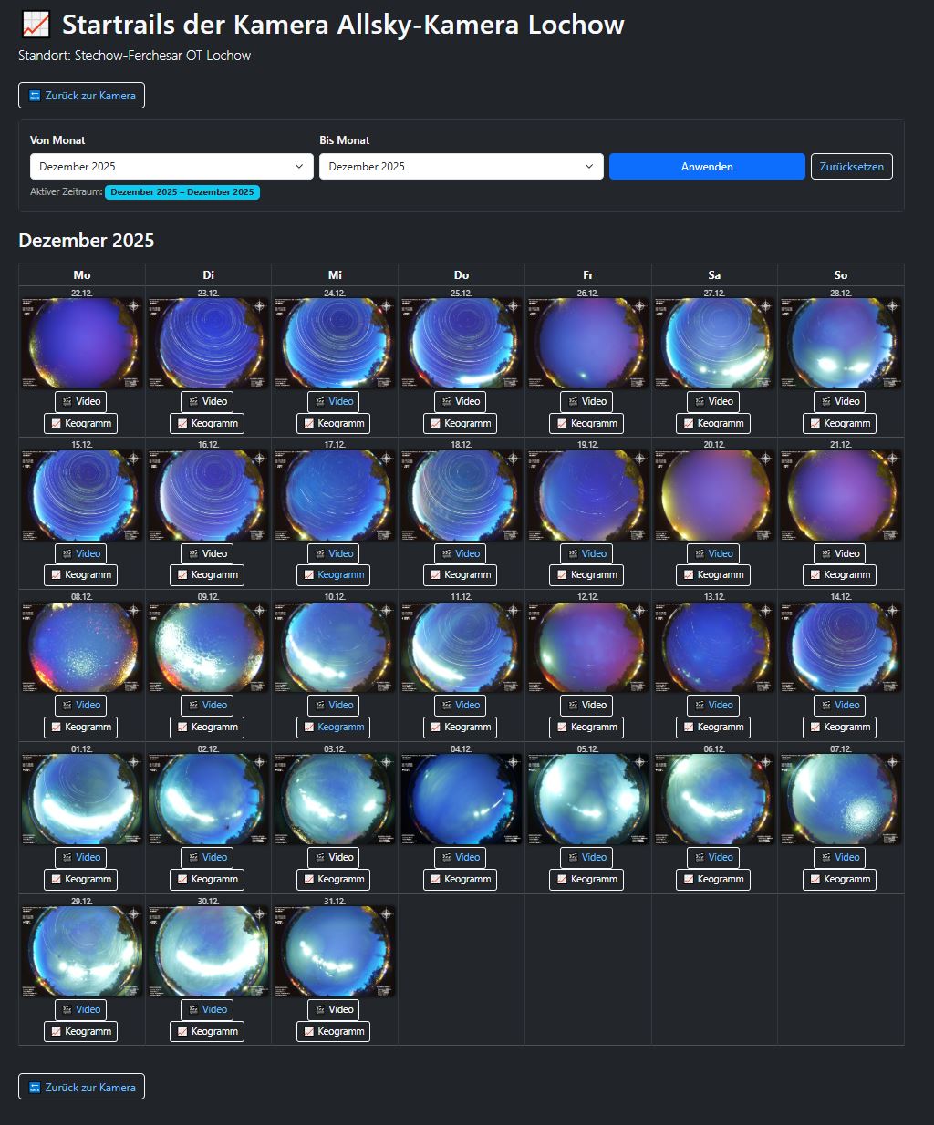 Screenshot der Startrail-Seite mit Monatsfilter und Kalenderansicht