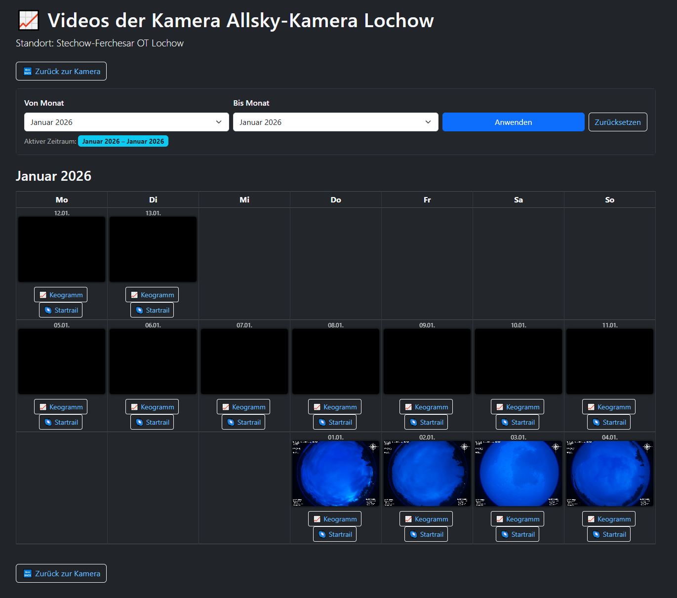 Screenshot der Video-Seite mit Monatsfilter und Kalenderansicht