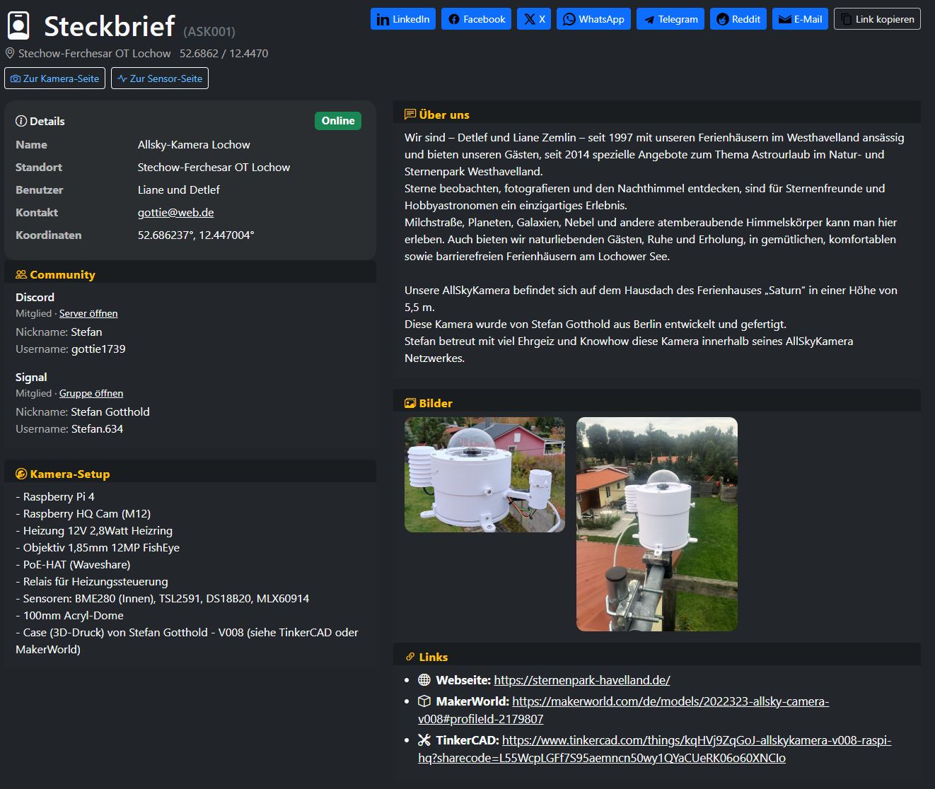 Screenshot der Steckbrief-Seite mit Details, Community, Setup, Bildern und Links