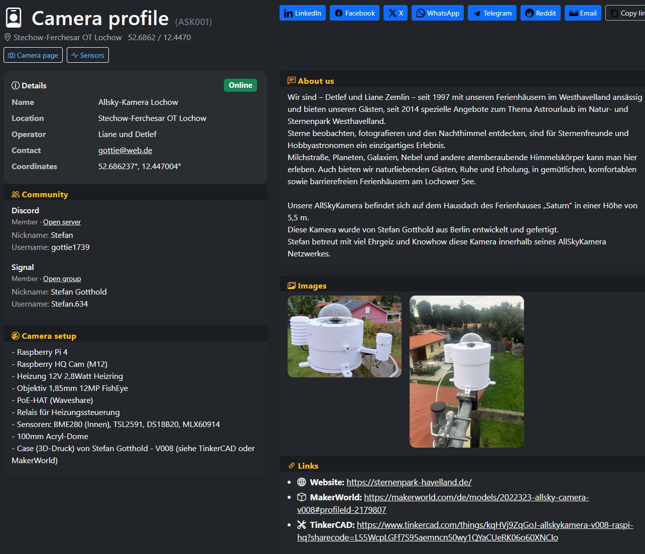 Screenshot of the camera profile page with details, community, setup, images and links