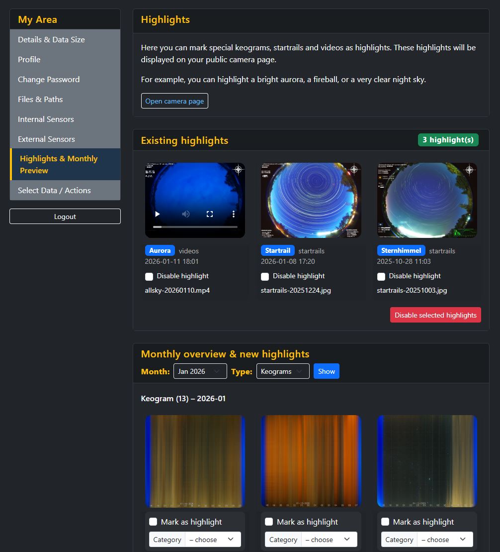 Screenshot of the highlight management showing existing highlights and the monthly overview to add new ones