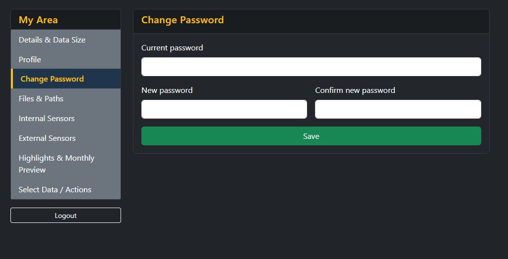 Screenshot of the change password form with current password, new password and confirmation field