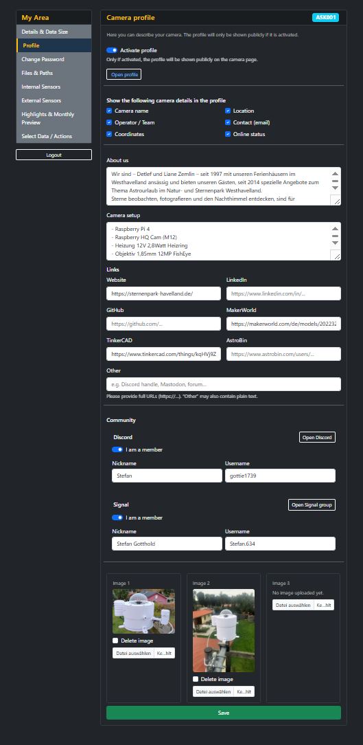Screenshot of the camera profile editor showing enable toggle, text fields, links, community settings and images
